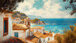 Picturesque idyllic scenery view to the Italian village, Mediterranean Sea bay with vessels at sunny summer day against blue cloudy sky. Vacation, resort concept