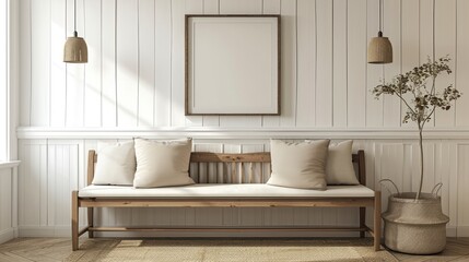 Canvas Print - Wooden bench traditional with white cushions and pillows, white wooden walls and a blank poster frame with plants. Entranceway minimalist living room