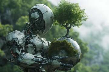 Environmental fusion A robot cradles a globe and tree A symbolic embrace of technology and nature