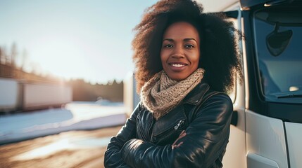 Female professional truck driver looking at camera. Happiness radiates from the driver as she stands confidently beside her truck, ready to hit the road.