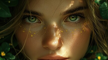 Sticker - a close up of a young woman's face with green eyes and gold flecks on her face.