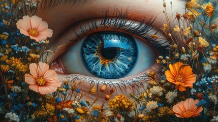 Sticker - a close up of a painting of a blue eye surrounded by wildflowers and daisies with yellow and orange flowers in the foreground.