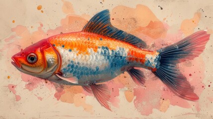 a painting of a goldfish with red, white, and blue stripes on it's body and head.