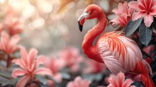 A Pink Flamingo Standing In The Middle Of A Field Of Flowers With A Blurry Background Of Pink Flowers.