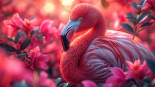 A Close Up Of A Pink Flamingo In A Field Of Flowers With A Blurry Background Of Pink Flowers.