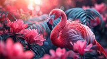 A Pink Flamingo Standing In The Middle Of A Group Of Pink Flowers With A Bright Light In The Background.