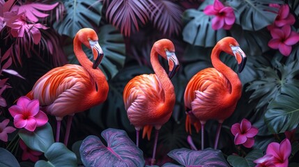three pink flamingos are standing in the middle of a garden of pink flowers and green leaves, with pink and purple flowers in the background.