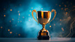 © The Origin 33 - Golden trophy on a blue fabric background with ribbons, position at conner with copy space, blue smoke, dark tone