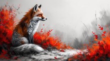 A Painting Of A Fox Sitting On The Ground In Front Of A Field Of Red And Black Flowers And Grass.