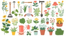 Gardening Clip Art Set, Tools, Plants, And Outdoor Elements