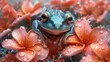 a close up of a frog with water droplets on it's face and a bunch of flowers in the background.