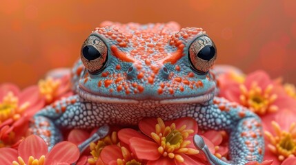 a close up of a blue and orange frog on a flowery surface with red and yellow flowers in the foreground.