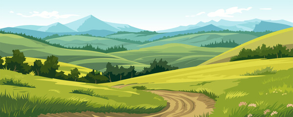beautiful summer landscape of a valley with a dirt road through amazing green meadows with trees, fi