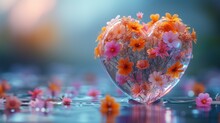 A Heart - Shaped Vase Filled With Flowers Floating On Top Of A Body Of Water Surrounded By Pink And Orange Flowers.