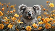 A Close Up Of A Koala In A Field Of Flowers With A Surprised Look On It's Face.