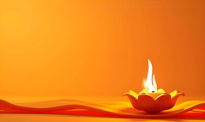 Wall Mural - Greeting background with diya (oil lamp) on the orange background with copy space. Gudi Padwa. Ugadi festival in India. Marathi new year concept.