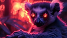 A Close Up Of A Small Animal With Bright Red Eyes And A Fuzzy Coat Over It's Shoulders, With A Blurry Background Of Lights In The Background.