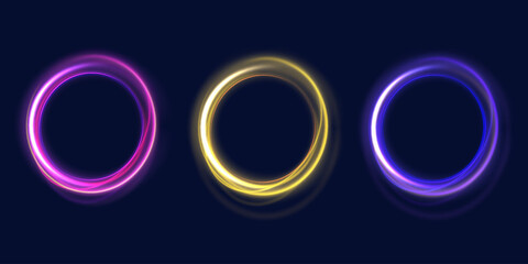 Canvas Print - Colored neon ovals or circles for swirl shiny rings light effect. Glow luminous glitter shimmer trail. Curve light effect of multicolored line. Blurred spiral ring. Bokeh effect. Vector illustration.