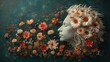 a painting of a woman's head with flowers in her hair and a bunch of daisies in her hair.