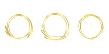 Collection Of Golden Round Frames On White Background. Set Of Hand Drawn Doodle Gold Circles.Vector Illustration.