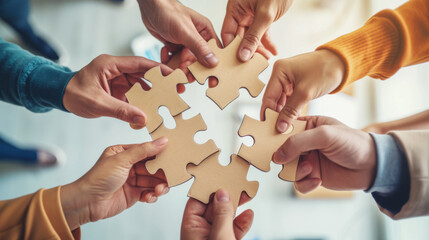 Wall Mural - Several hands from different people coming together to connect pieces of a jigsaw puzzle, symbolizing teamwork and collaboration.