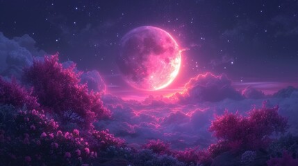 a night scene with a full moon in the sky and trees in the foreground and clouds in the foreground.