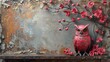 a red owl sitting on top of a wooden bench next to a painting of red flowers on a gray wall.
