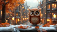 An Owl Sitting On A Ledge In Front Of A City Street At Night With Lights And Falling Leaves On The Ground.