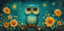 A Painting Of An Owl Sitting On Top Of A Tree Branch Surrounded By Sunflowers And A Star Filled Sky.