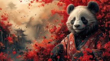 A Painting Of A Panda Standing In Front Of A Forest Of Red Leaves With A Pagoda In The Background And Birds Flying Overhead.