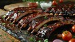 the sizzling beauty of barbecue ribs, perfectly grilled with a glossy barbecue glaze, arranged on a backyard barbecue scene