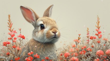 Wall Mural - a painting of a rabbit sitting in a field of flowers with red berries in the foreground and a gray sky in the background.