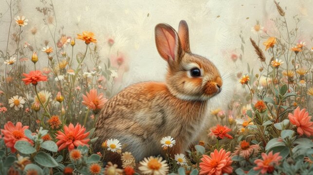 a painting of a rabbit sitting in a field of flowers with daisies and daisies in the foreground.