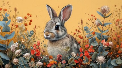 a painting of a rabbit sitting in the middle of a field of wildflowers with a yellow wall in the background.