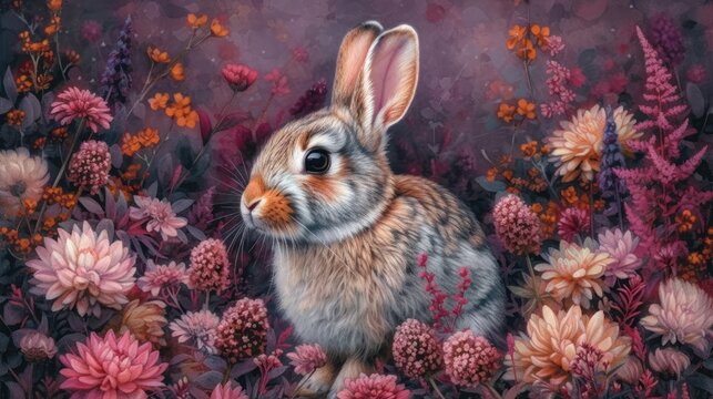 a painting of a rabbit sitting in the middle of a field of wildflowers with a purple sky in the background.