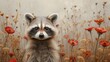 a raccoon standing in the middle of a field of flowers with a blurry background of grass and flowers.