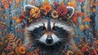 a painting of a raccoon with a flower crown on it's head, surrounded by leaves and flowers.