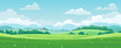 Beautiful rural landscape with meadows and fields, trees and hills, houses against a background of blue sky and white clouds. Pasture grass for cows. Vector illustration of summer fields.