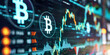 Illuminated Bitcoin logo on a digital screen with financial analytics and stock market charts overlay