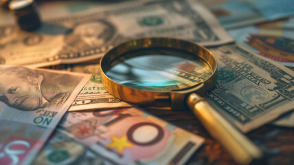 Wall Mural - An elegant close-up of various currencies from around the world, neatly arranged on a polished wooden table with financial newspapers and a vintage magnifying glass.