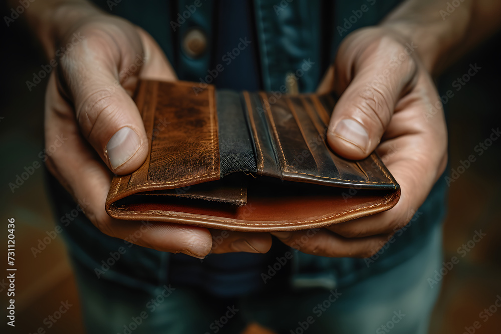 Poor man bankrupt with no credit in debt hand hold empty black leather ...
