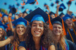 © Gonzalo - Group of cheerful student throwing graduation hats in the air celebrating, education concept with students celebrate success with hats and certificates