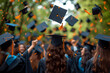 © Gonzalo - Group of cheerful student throwing graduation hats in the air celebrating, education concept with students celebrate success with hats and certificates