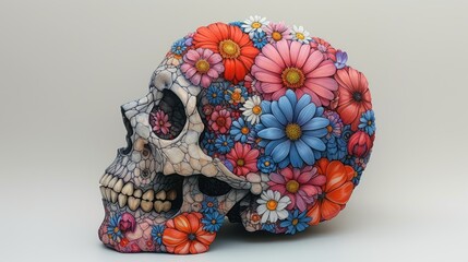 Wall Mural - a colorful skull with flowers painted on it's face and the skull is made out of ceramic, and sits on a white surface.