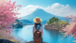 Asian woman traveler with backpack enjoys breathtaking views of mountains, sea, sakura blossom,and lakeside landscape in spring season.Relax and Wellness Holidays Concept.
