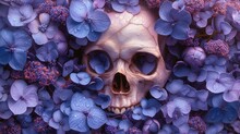 A Skull In The Middle Of A Bunch Of Flowers With Purple And Blue Flowers On The Bottom Of The Skull.