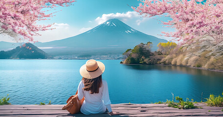 Asian woman traveler with backpack enjoys breathtaking views of mountains, sea, sakura blossom,and lakeside landscape in spring season.Relax and Wellness Holidays Concept.