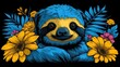 a blue and yellow sloth with flowers on it's chest sitting in the middle of a black background.