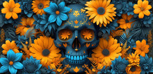 A Blue And Yellow Skull Surrounded By Yellow And Blue Daisies And Sunflowers, With A Black Background.