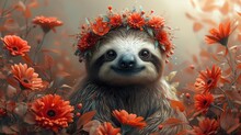 A Sloth With A Wreath Of Flowers On Its Head In The Middle Of A Field Of Red And Orange Flowers.